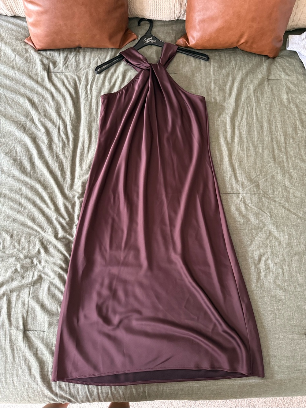 Sleeveless Twist-Neck Midi Dress in chocolate brown